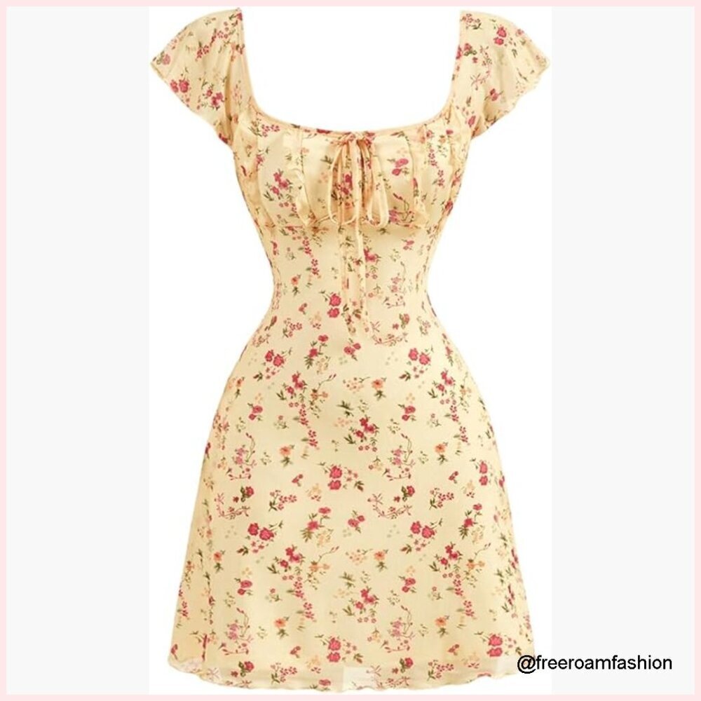 Vintage Floral Mini Dress Cap Sleeve High Waist Summer Casual Boho